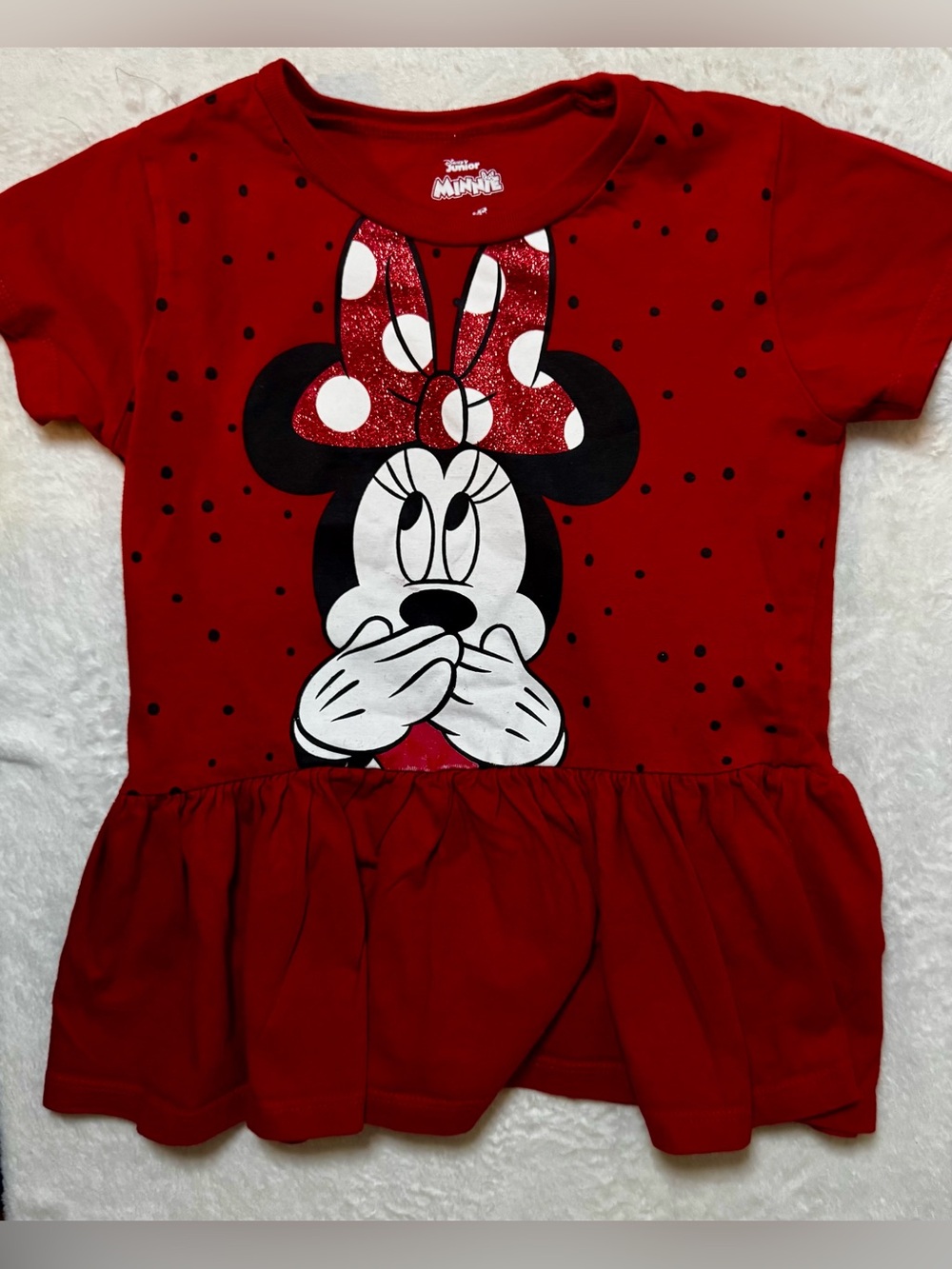 Disney Minnie Mouse Red Glitter Bow Tee Kids 6-6x